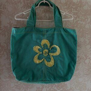 LIMITED TOO Green Canvas Tote Bag with Yellow Flower